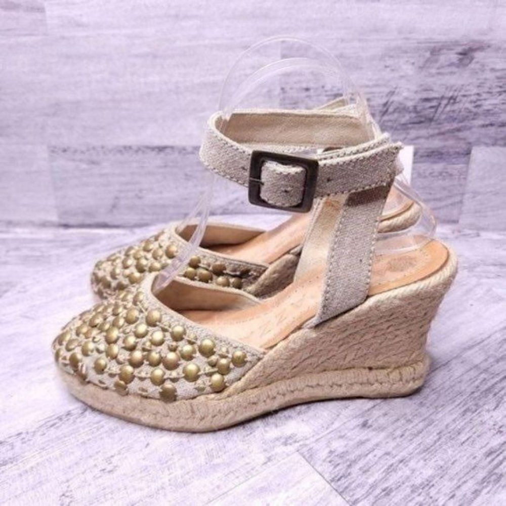 Apepazza Studded Ankle Wrap Espadrille Wedge Sandal Tan sz 38 Women's sz 8 - Picture 3 of 10